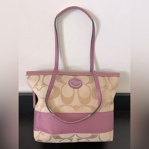 Coach monogram leather and canvas brown/tan & purple tote bag shopper purse zip